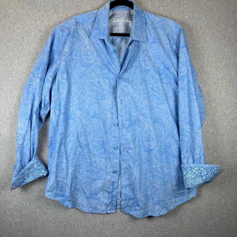 Robert Graham Mens Size XL Button Front Shirt Blue Paisley Print Long Sleeves